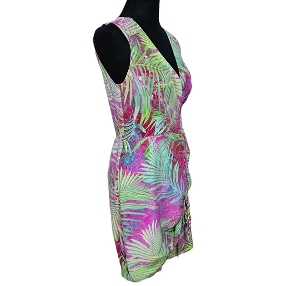 Nanette Lepore Palm Paradise Printed Silk Sleeveless Ruched V-Neck Dress Size 2 - Picture 6 of 16